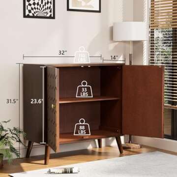 COSIEST Storage Cabinet with Doors, Decorative Storage Cabinet with Honeycomb Pattern, Modern Accent Cabinet with Adjustable Shelf, Walnut Credenza Free-Standing Sideboard Buffet Cabinet