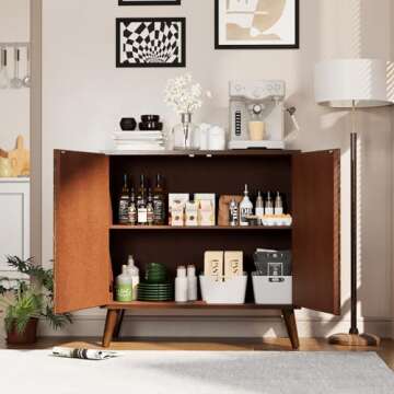 COSIEST Storage Cabinet with Doors, Decorative Storage Cabinet with Honeycomb Pattern, Modern Accent Cabinet with Adjustable Shelf, Walnut Credenza Free-Standing Sideboard Buffet Cabinet