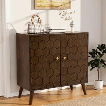 COSIEST Storage Cabinet with Doors, Decorative Storage Cabinet with Honeycomb Pattern, Modern Accent Cabinet with Adjustable Shelf, Walnut Credenza Free-Standing Sideboard Buffet Cabinet