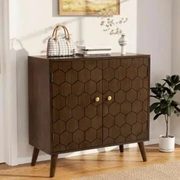 COSIEST Storage Cabinet with Doors, Decorative Storage Cabinet with Honeycomb Pattern, Modern Accent Cabinet with Adjustable Shelf, Walnut Credenza Free-Standing Sideboard Buffet Cabinet