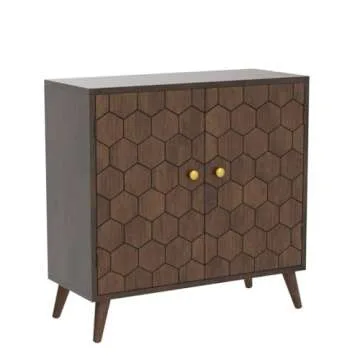 COSIEST Storage Cabinet with Doors, Decorative Storage Cabinet with Honeycomb Pattern, Modern Accent Cabinet with Adjustable Shelf, Walnut Credenza Free-Standing Sideboard Buffet Cabinet