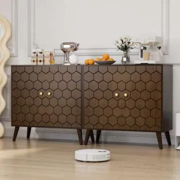 COSIEST Storage Cabinet with Doors, Decorative Storage Cabinet with Honeycomb Pattern, Modern Accent Cabinet with Adjustable Shelf, Walnut Credenza Free-Standing Sideboard Buffet Cabinet