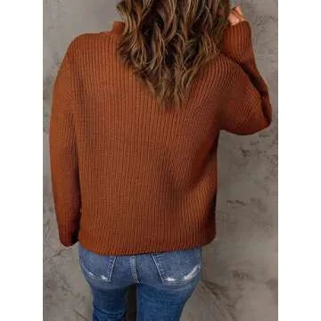 Dokotoo Brown Sweaters for Women Long Sleeve Casual Waffle Knit Tops for Women Fashion 2024 1/4 Zip ...