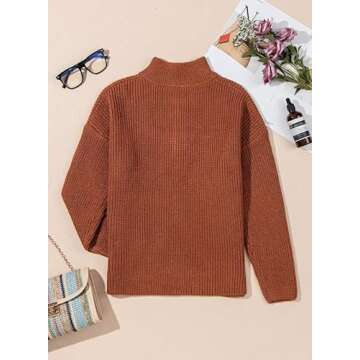 Dokotoo Brown Sweaters for Women Long Sleeve Casual Waffle Knit Tops for Women Fashion 2024 1/4 Zip Pullover Chunky Sweaters Warm Cozy Fall Winter Outfits Clothes Medium