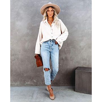 MIHOLL Womens Corduroy Button Down Casual Oversized Top