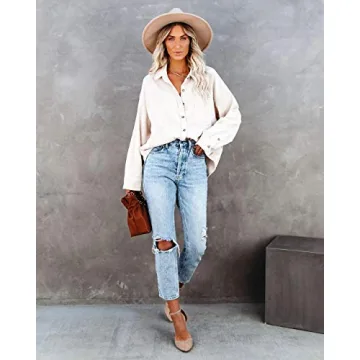 MIHOLL Womens Corduroy Button Down Casual Oversized Top