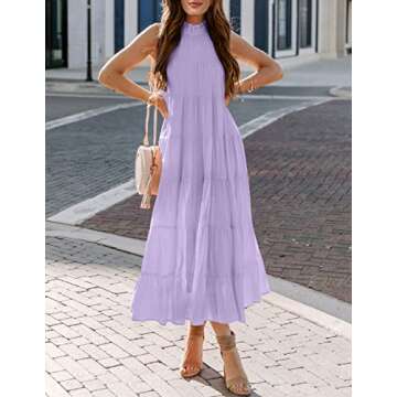 HAEOF Women's 2024 Summer Dress Tiered Ruffle Flowy Long Sundress Casual Halter Sleeveless Boho Beach Maxi Dress(Light Purple, L)