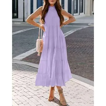 HAEOF Women's 2024 Summer Dress Tiered Ruffle Flowy Long Sundress Casual Halter Sleeveless Boho Beach Maxi Dress(Light Purple, L)