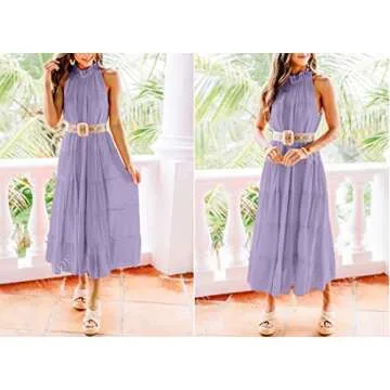 HAEOF Women's 2024 Summer Dress Tiered Ruffle Flowy Long Sundress Casual Halter Sleeveless Boho Beach Maxi Dress(Light Purple, L)
