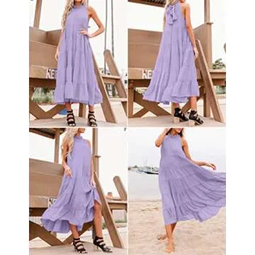 HAEOF Women's 2024 Summer Dress Tiered Ruffle Flowy Long Sundress Casual Halter Sleeveless Boho Beach Maxi Dress(Light Purple, L)