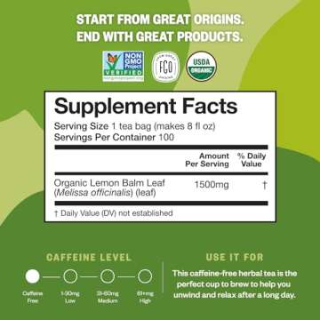 FGO Organic Lemon Balm Tea, 100 Count, Eco-Conscious Herbal Tea Bags, Resealable Bag, Caffeine Free, Packaging May Vary (Pack of 1)
