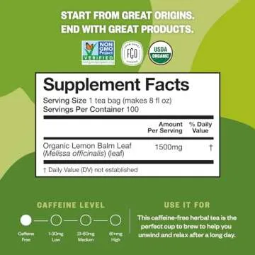 FGO Organic Lemon Balm Herbal Tea Bags, 100 Count, Eco-Conscious