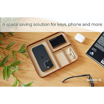 Nordik Leather Valet Tray - Sand Brown - Premium Vegan Leather Stylish and Organized Nightstand Tray for Men - EDC Catchall Tray for Keys, Watch, Wallet, Jewelry - Modern Bedside Caddy