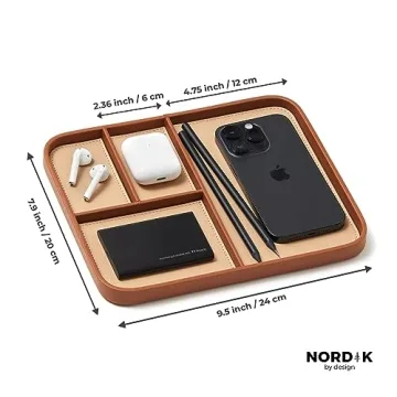 Nordik Leather Valet Tray - Sand Brown - Premium Vegan Leather Stylish and Organized Nightstand Tray for Men - EDC Catchall Tray for Keys, Watch, Wallet, Jewelry - Modern Bedside Caddy