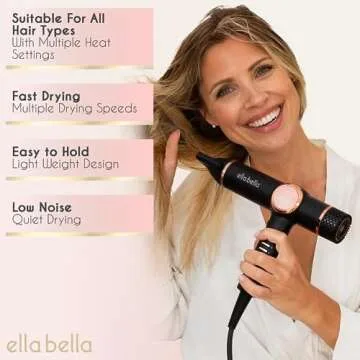 ELLA BELLA® Professional Ionic Hair Dryer with Diffuser • Negative Ion Blow Dryer • Suitable All Hair Types • Intelligent Heat Control & Rapid Drying Speeds • Lightweight Design • Low Noise Technology