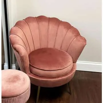 DAGONHIL Mid Century Modern Upholstered Accent Chair,Petal Vanity Chair,Retro Leisure Velvet Single Sofa with Golden Metal Legs for Living Room/Bedroom/Makeup Room, Dusty Pink