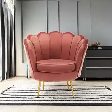 DAGONHIL Mid Century Modern Upholstered Accent Chair,Petal Vanity Chair,Retro Leisure Velvet Single Sofa with Golden Metal Legs for Living Room/Bedroom/Makeup Room, Dusty Pink