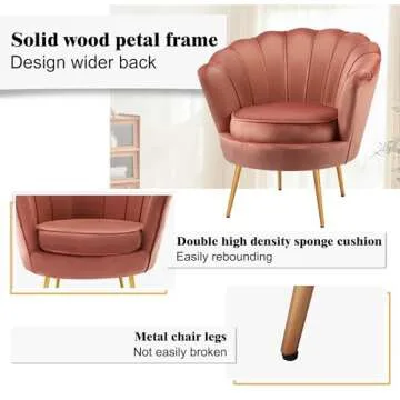 DAGONHIL Mid Century Modern Upholstered Accent Chair,Petal Vanity Chair,Retro Leisure Velvet Single Sofa with Golden Metal Legs for Living Room/Bedroom/Makeup Room, Dusty Pink