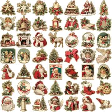 50PCS Christmas Theme Stickers, Non-Repeating Vinyl Waterproof Vintage Christmas Stickers, Holiday G...