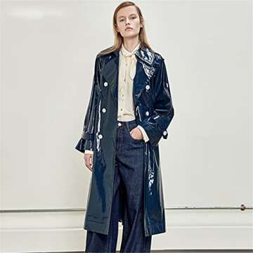 O-neMakpa Women's Reflective Patent Leather Trench Coat - Stylish & Protective Long Coat for Spring