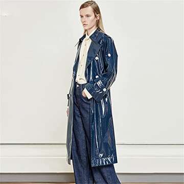 Reflective Patent Leather Women’s Trench Coat in Blue