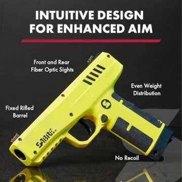 SABRE Pepper Projectile Launcher, Home Defense. Mag holds 7 .68 Caliber projectiles, Adjustable Fiber Optic Sights, Direct Impact Up to 60ft. Area Saturation Up to 175ft, 350 FPS Velocity. 12g CO2