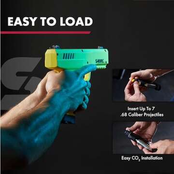 SABRE Pepper Projectile Launcher, Home Defense. Mag holds 7 .68 Caliber projectiles, Adjustable Fiber Optic Sights, Direct Impact Up to 60ft. Area Saturation Up to 175ft, 350 FPS Velocity. 12g CO2