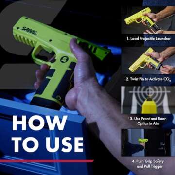 SABRE Pepper Projectile Launcher, Home Defense. Mag holds 7 .68 Caliber projectiles, Adjustable Fiber Optic Sights, Direct Impact Up to 60ft. Area Saturation Up to 175ft, 350 FPS Velocity. 12g CO2