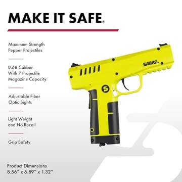 SABRE Pepper Projectile Launcher, Home Defense. Mag holds 7 .68 Caliber projectiles, Adjustable Fiber Optic Sights, Direct Impact Up to 60ft. Area Saturation Up to 175ft, 350 FPS Velocity. 12g CO2