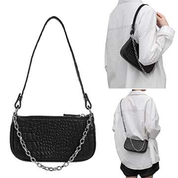 Genuine Leather Crossbody Crocodile Handbag and Purse with 3 Straps Small Classic Clutch Hobo Phone Bag for Women, Black