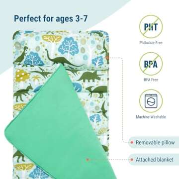 Wildkin Original Nap Mat with Reusable Pillow for Boys & Girls, Perfect for Elementary Daycare Sleepovers, Features Hook & Loop Fastener, Cotton Blend Materials Nap Mat for Kids (Dinomite Dinosaurs)