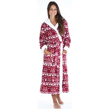 Frankie & Johnny Women's Fleece Robe Sherpa-Lined Hooded Bathrobe, Cranberry Winter (FJ1447-1052-MED)