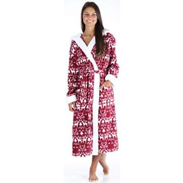 Frankie & Johnny Women's Fleece Robe Sherpa-Lined Hooded Bathrobe, Cranberry Winter (FJ1447-1052-MED)