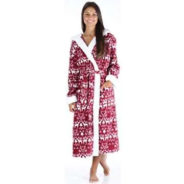 Frankie & Johnny Women's Fleece Robe Sherpa-Lined Hooded Bathrobe, Cranberry Winter (FJ1447-1052-MED)