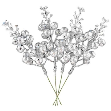 DearHouse 14 Pack Christmas Glitter Berries Stems, 7.8Inch Silver Artificial Christmas Picks for Chr...
