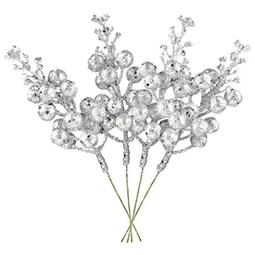 DearHouse 14 Pack Christmas Glitter Berries Stems, 7.8Inch Silver Artificial Christmas Picks for Chr...