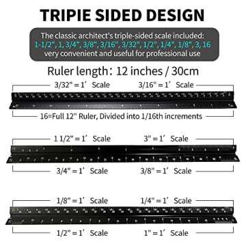2PCS Architectural Scale Ruler, 12" Aluminum Architect Scale, Triangular Scale, Scale Ruler, Triangle Ruler, Drafting Ruler, Architect Ruler, Metal Scale Ruler, Architecture Ruler(Black)