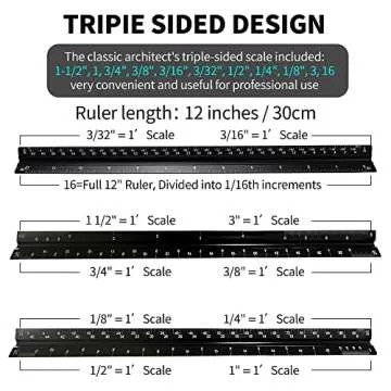 2PCS Architectural Scale Ruler, 12" Aluminum Architect Scale, Triangular Scale, Scale Ruler, Triangle Ruler, Drafting Ruler, Architect Ruler, Metal Scale Ruler, Architecture Ruler(Black)