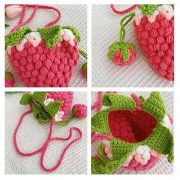 JUCHAO Cute Strawberry Shape Handmade Knitted Purse Shoulder Crossbody Bag Small Storage Bag Handbag Clutch Fruit Shaped Wallet Gifts for Girls Women(Pink)