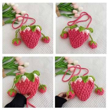 JUCHAO Cute Strawberry Shape Handmade Knitted Purse Shoulder Crossbody Bag Small Storage Bag Handbag Clutch Fruit Shaped Wallet Gifts for Girls Women(Pink)