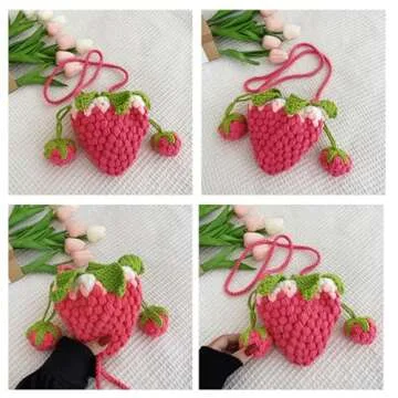 JUCHAO Cute Strawberry Shape Handmade Knitted Purse Shoulder Crossbody Bag Small Storage Bag Handbag Clutch Fruit Shaped Wallet Gifts for Girls Women(Pink)