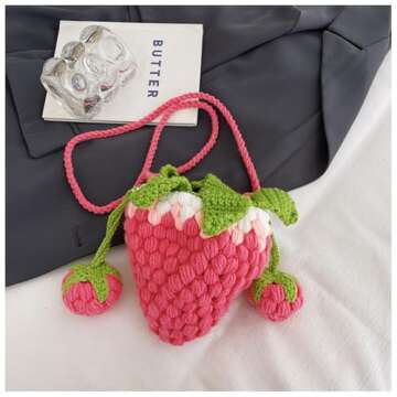JUCHAO Cute Strawberry Shape Handmade Knitted Purse Shoulder Crossbody Bag Small Storage Bag Handbag Clutch Fruit Shaped Wallet Gifts for Girls Women(Pink)