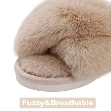 Evshine Women's Fuzzy Slippers Cross Band Memory Foam House Slippers Open Toe, Camel, 40-41 (Size 8.5-9.5)