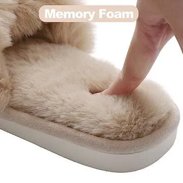 Evshine Women's Fuzzy Slippers Cross Band Memory Foam House Slippers Open Toe, Camel, 40-41 (Size 8.5-9.5)