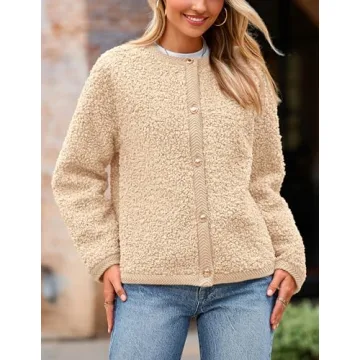 PRETTYGARDEN Women's Faux Fur Shearling Coat Fuzzy Fleece Button Up Trendy Fall Winter Cropped Jackets Outerwear (Beige,Small)