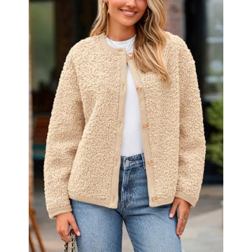 PRETTYGARDEN Women's Faux Fur Shearling Coat Fuzzy Fleece Button Up Trendy Fall Winter Cropped Jackets Outerwear (Beige,Small)