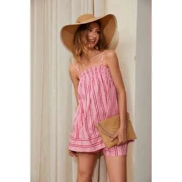 calbatic Women 2 Piece Lounge Set Striped Summer Pajama Set Sleeveless Peplum Cami Top and Wide Leg Shorts Set Beachwear Pink