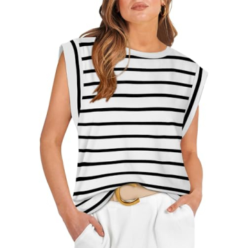WIHOLL Summer Tops for Women 2024 Dressy Casual Black and White Striped Shirt Cute Clothes Cap Sleev...