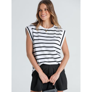 WIHOLL Summer Tops for Women 2024 Dressy Casual Black and White Striped Shirt Cute Clothes Cap Sleeve T Shirts Spring Outfits Tank Top Trendy S