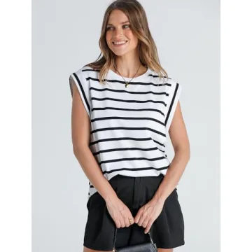 WIHOLL Summer Tops for Women 2024 Dressy Casual Black and White Striped Shirt Cute Clothes Cap Sleeve T Shirts Spring Outfits Tank Top Trendy S